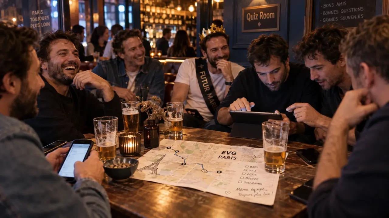 EVG Paris au bar, quiz room et plan de route