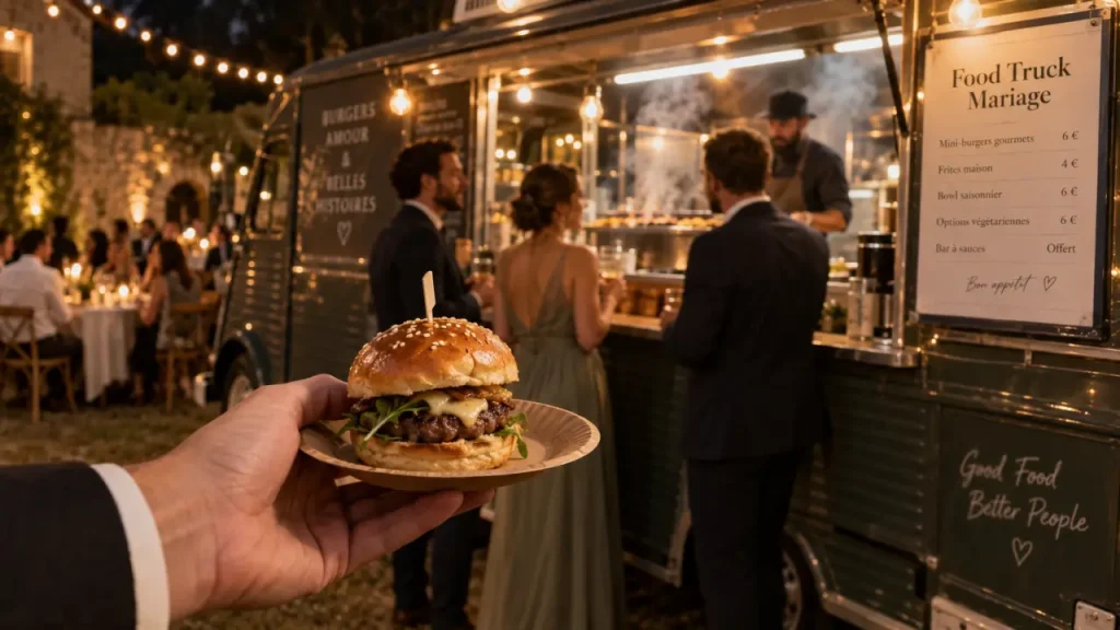 Food truck mariage : mini-burger et invités devant le camion
