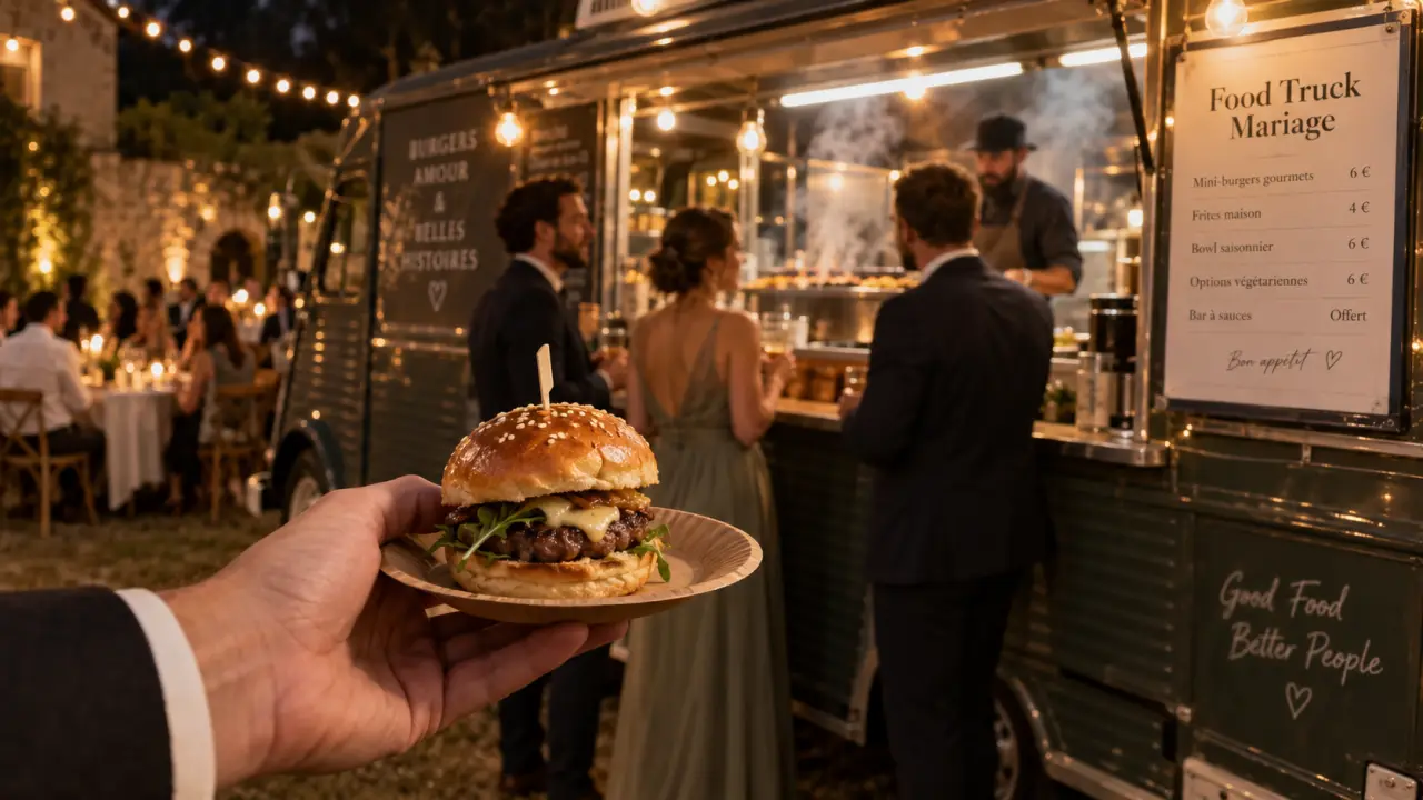 Food truck mariage : mini-burger et invités devant le camion