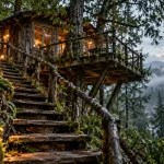 Hébergement insolite cabane perchée Lille, escalier en bois dans la forêt