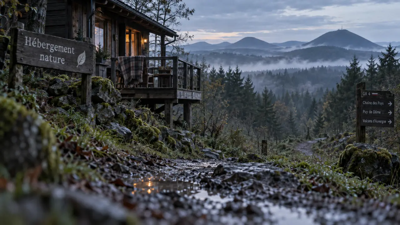 hébergement nature auvergne : cabane perchée sur pilotis en forêt, auvergnate