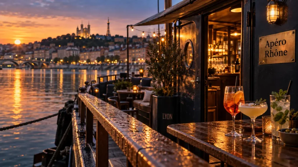peniche lyon au coucher du soleil sur le Rhône, apéro Rhône