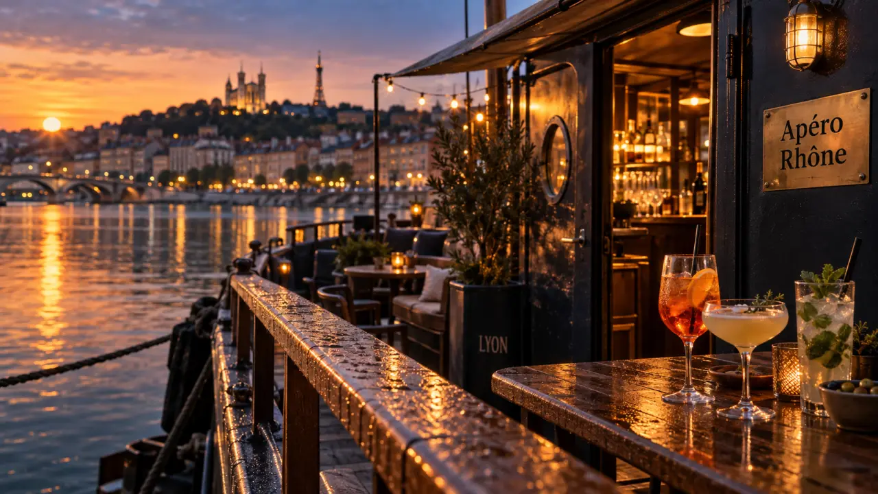 peniche lyon au coucher du soleil sur le Rhône, apéro Rhône