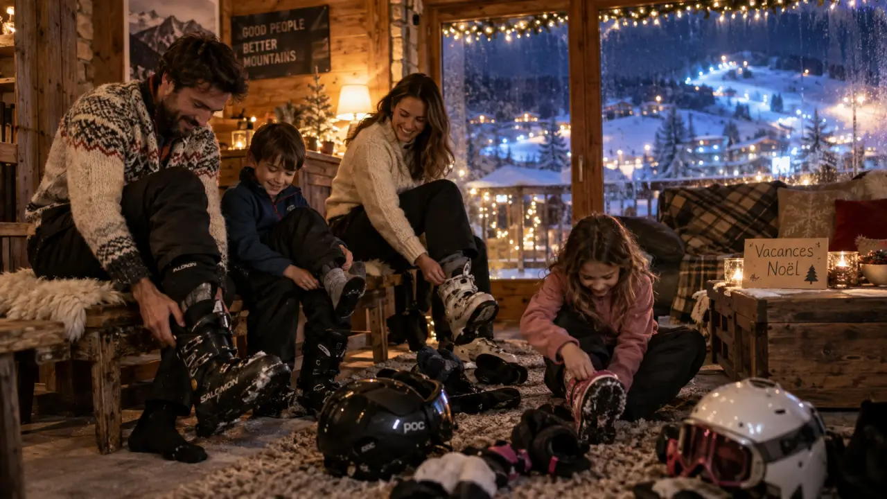 Vacances en famille pour Noël : famille retire ses bottes près du chalet