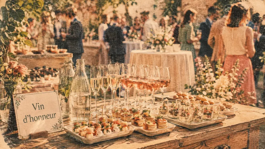 Table vin d honneur mariage en extérieur : carafes, flûtes et bouchées