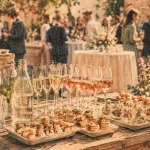 Table vin d honneur mariage en extérieur : carafes, flûtes et bouchées