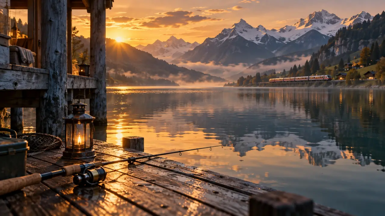 Voyage insolite suisse : train panoramique près d’un lac, Alpes au loin