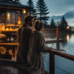 Week end rhone alpes amoureux en cabane sur pilotis au lac, couple au bain nordique fumant