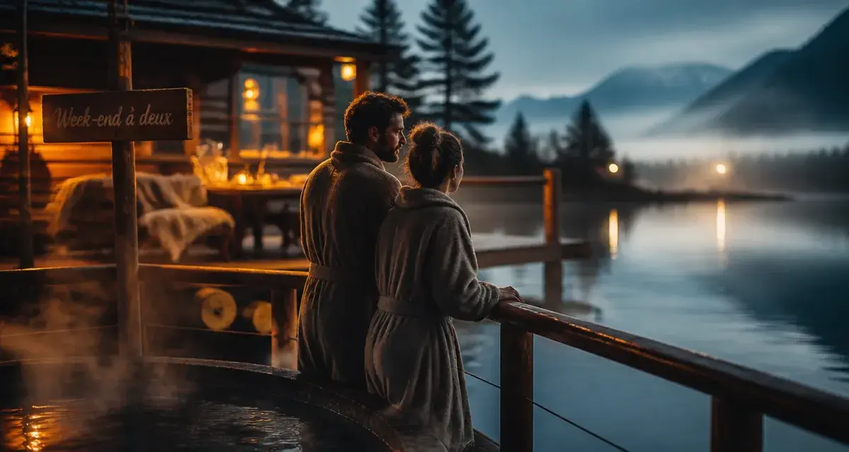 Week end rhone alpes amoureux en cabane sur pilotis au lac, couple au bain nordique fumant