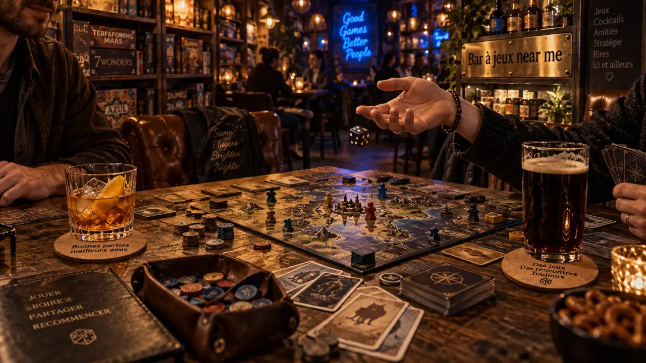 Bar a jeux near me : table de jeu ouverte, verres et cartes près de vous