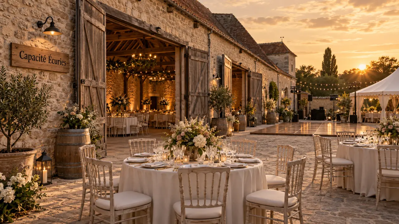 Domaine de champigny salle de réception : écuries, tables et décor en pierre