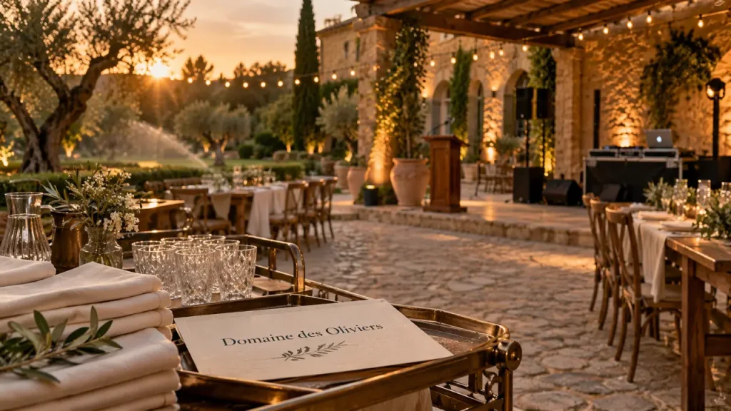 Domaine des oliviers lieu de réception et traiteur événementiel, tables et jardin aux oliviers