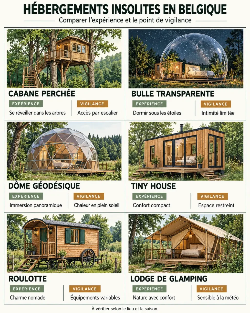 Infographie des principaux types d’hébergement insolite en Belgique : cabane, bulle, dôme, tiny house, roulotte et lodge