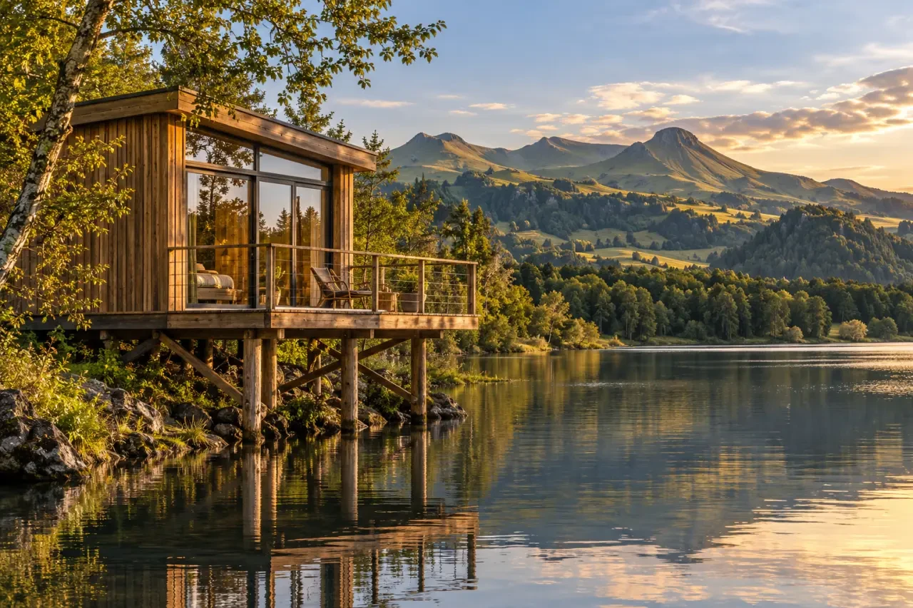 Hébergement insolite dans le Cantal avec cabane au bord d’un lac et vue sur les reliefs volcaniques