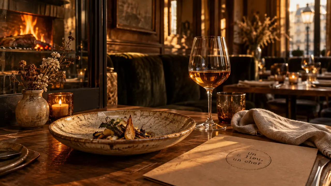 groupe eclore restaurant Paris : table golden hour, vin ambré et assiette