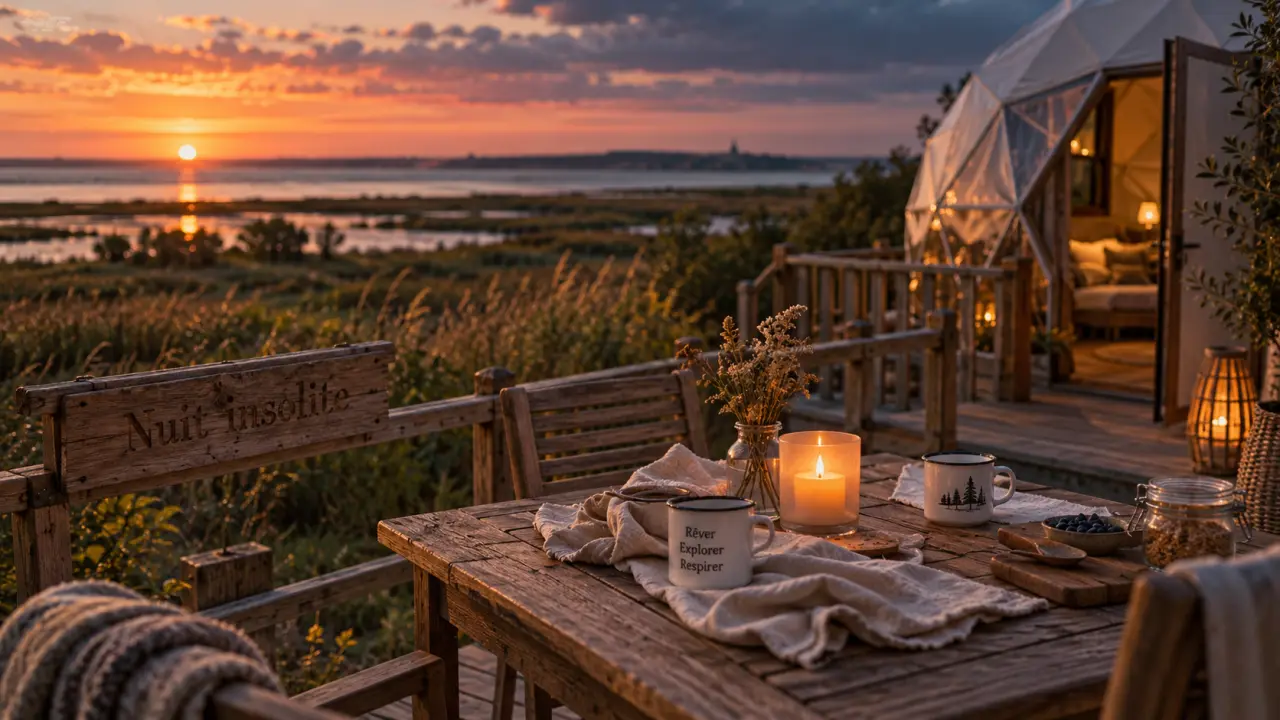 Hébergement insolite en baie de somme : dôme géodésique au golden hour, terrasse en bois et marais