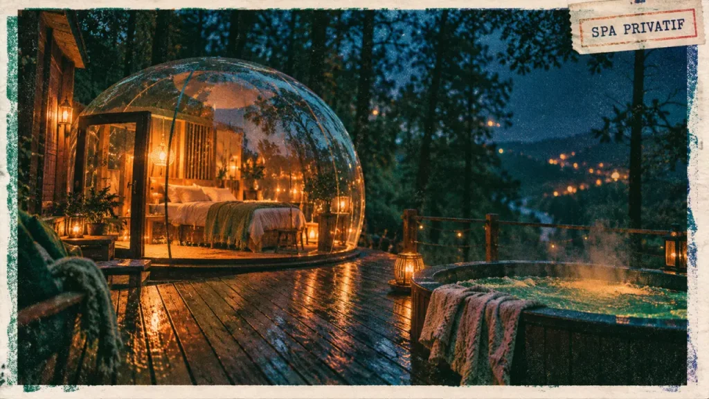 Hébergement insolite Belgique : cabane spa privatif, vue nature, bassin thermobulles