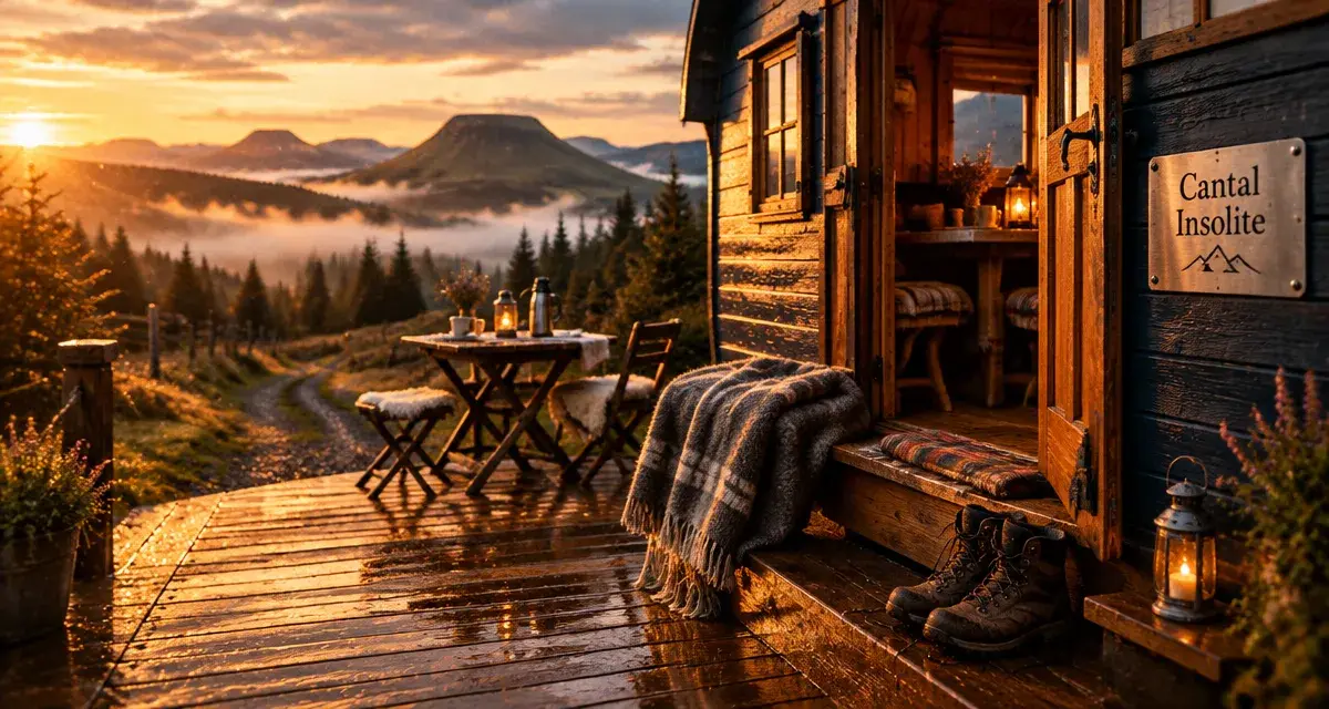 Hébergement insolite cantal : roulotte au Cantal, terrasse bois et vue montagne