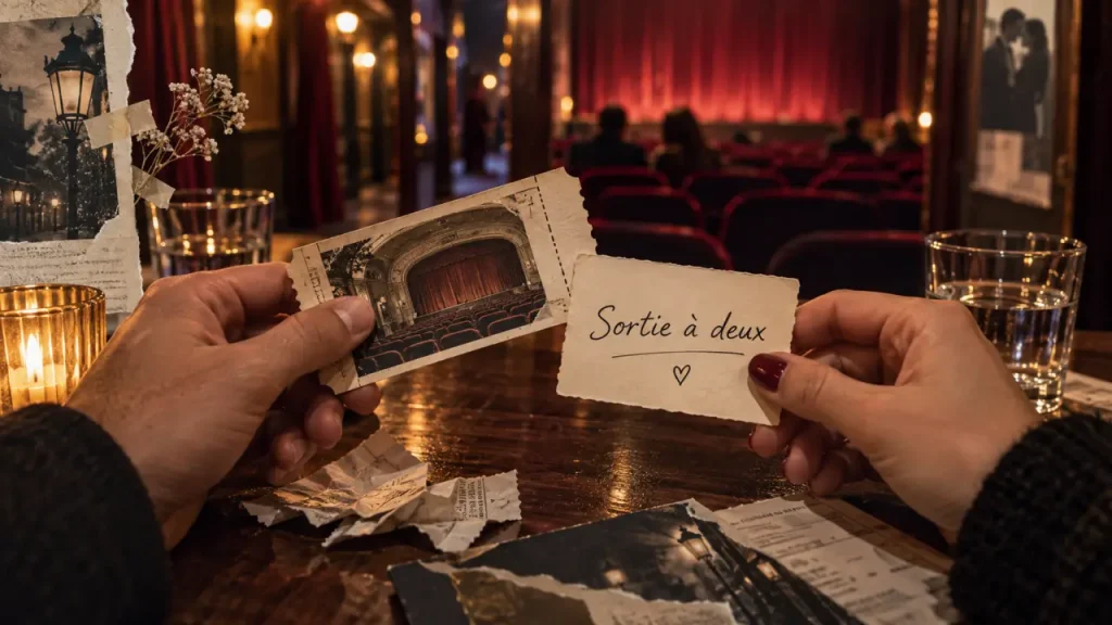 Idée couple sortie : billets et carte sur table, escapade à deux