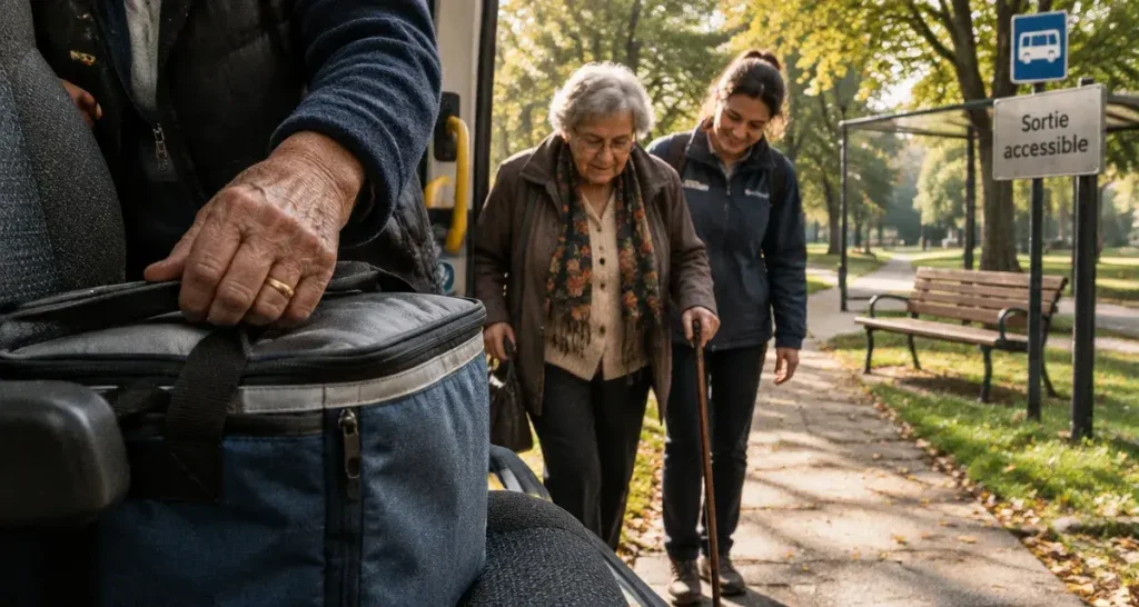 Idée sortie pour seniors : bus adapté et marche avec canne, parc proche