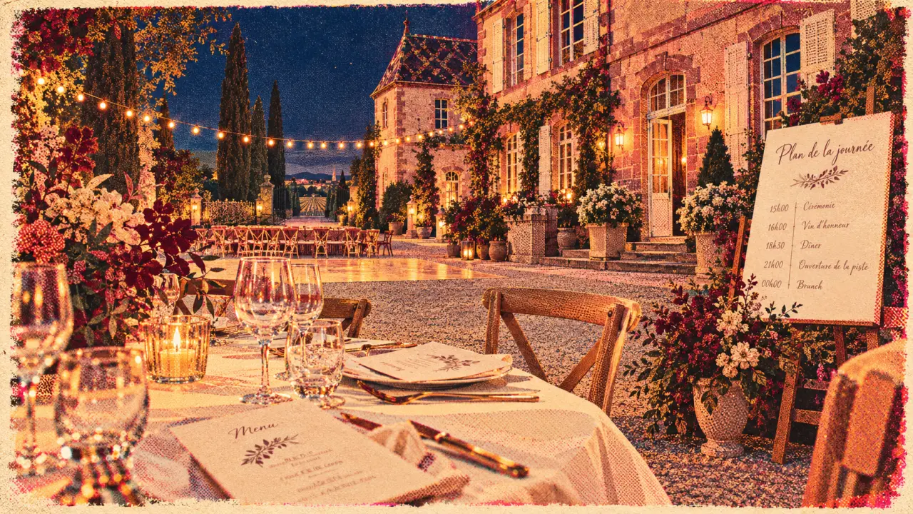 Lieu mariage Alsace : table et château en fin d’après-midi