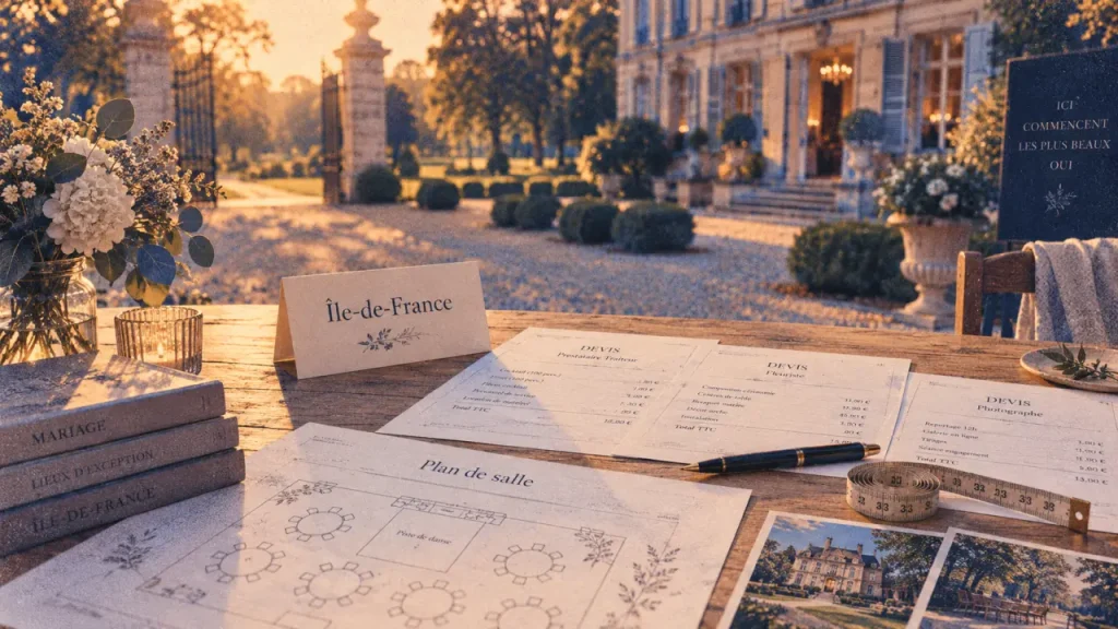 Lieu pour mariage ile de france : table plan de salle, domaine arboré, arrivée facile