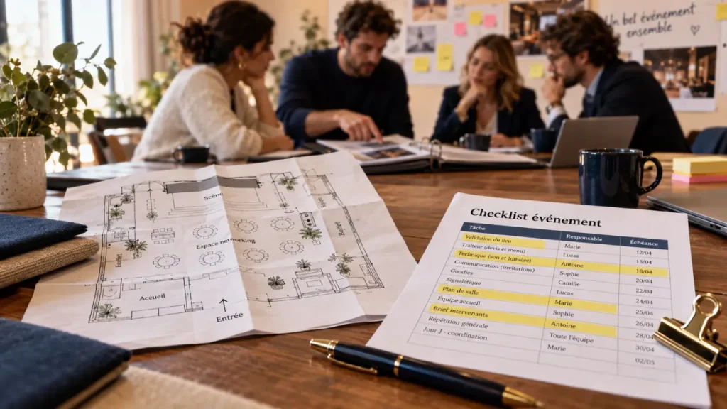 Liste des tâches organisation événement : checklist sur table en salle de réunion