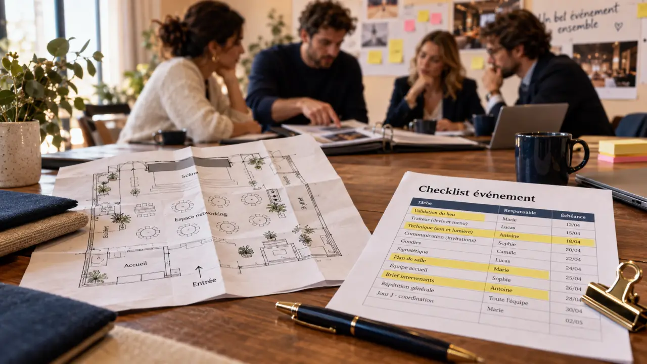 Liste des tâches organisation événement : checklist sur table en salle de réunion