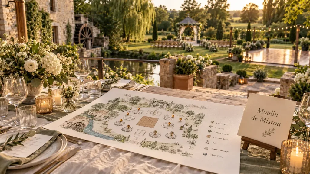 Moulin de Mistou lieu de mariage et traiteur, table de cérémonie sur terrasse, menus et plan de salle