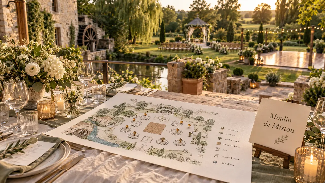 Moulin de Mistou lieu de mariage et traiteur, table de cérémonie sur terrasse, menus et plan de salle