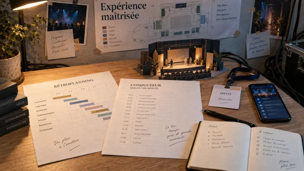 Organisation événement professionnel : planning, budget et logistique sur une table de préparation