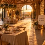 Salle de réception avec hébergements le domaine de marin, table dressée et espace de réception.