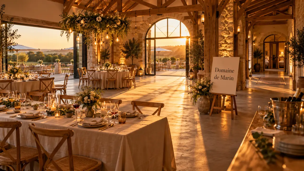 Salle de réception avec hébergements le domaine de marin, table dressée et espace de réception.